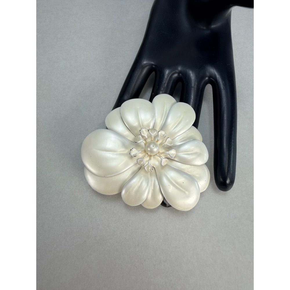 Vintage Large White Enameled Plastic Flower Brooch Faux Pearl MCM Statement Pin